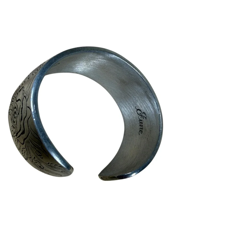 Vintage Salisbury Fine Metal Artisans Pewter Rose Floral June Cuff Bracelet 7.5